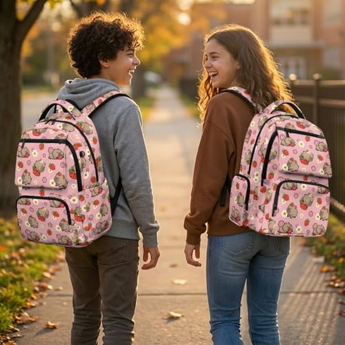 Strawberry Capybara Backpack for Girls Bookbag with Lunch Box Pencil Pouch and Water Bottle Holder 4 in 1 Elementary School Backpacks for Girls Bookbags for Back to School Supplies Set - color: Capybara Strawberry