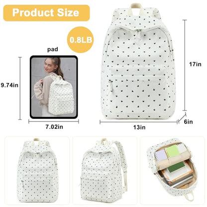 Bluboon School Backpack Set Girls Womens Laptop Bookbag Casual Daypack Fits 15 inch Laptop with Lunch Tote Bag and Pencil Bag - color: Black Heart - White