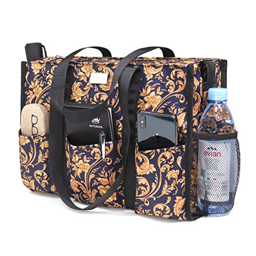 TOPDesign Utility Water Resistant Tote Bag with 13 Pockets, Top Zipper Closure & Thick Bottom Support, for Working Women - color: Baroque Gold, size: Medium