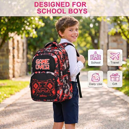 3PCS Kids Backpack Set, School Backpack with Lunch Bag & Pencil Case, Lightweight Waterproof Bookbag for Kids (Gamer Red) - color: Gamer Red