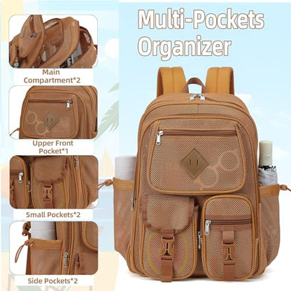Khaki Mesh Backpack for Girls Boys, Mesh Bookbags Heavy Duty Semi-Transparent School Bag for College, Travel, Beach, Swimming, Sports - color: Khaki