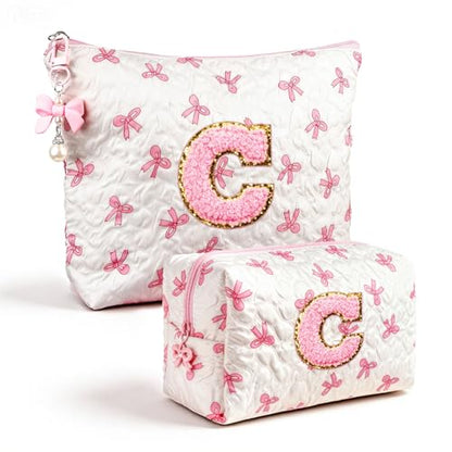 Initial Makeup Bag, Valentines Day Gifts for Women Teens Girls Birthday Gift Personalized Bow Cosmetic Bag, Quilted Cosmetic Travel Toiletry Pouch, Cute Makeup Organizer Teen Girl Gifts Trendy Stuff C - color: C