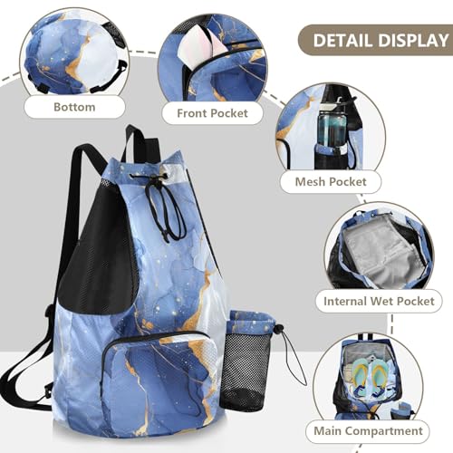 Drawstring Bags For Men Women Pool Bag With Inside Pockets String Bag Wet and Dry Separation Blue White Marble - color: Color 13