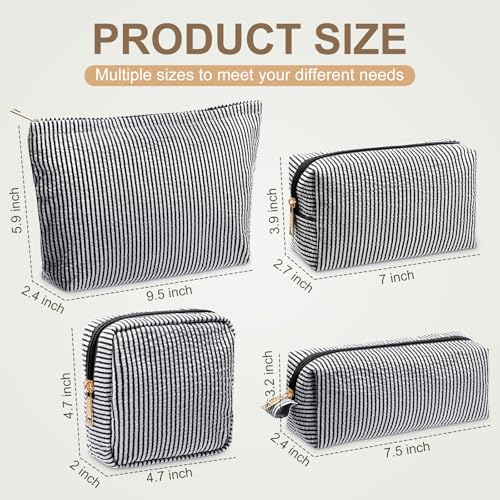 Sanwuta 4 Pcs Seersucker Pouch Cosmetic Bag Set Seersucker Makeup Bag Women Stripe Large Travel Toiletry Organizer Aesthetic Preppy Storage for Embroidery Women Bridesmaid Gifts(Black) - color: Black