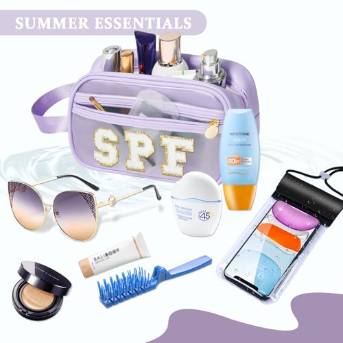 COSHAYSOO Clear Sunscreen Bag Makeup Toiletries Pouch Beach Vacation Essentials Summer Travel Stuff Accessories Personalized Graduation Gifts for Her Women College Teen Girls Teacher Nurse Purple SPF - color: Purple-SPF