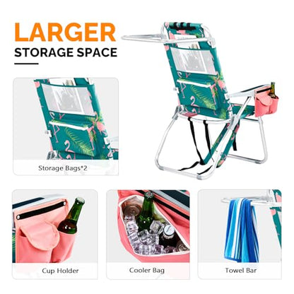 16" Tall Beach Chairs for Adults,2-Pack Lightweight Backpack Chair with 5-Position,Cooler Bag,Cup Holder,Towel Rack，Suitable for Camping Pool Patio Lawn Outdoor Travel - color: Flamingos