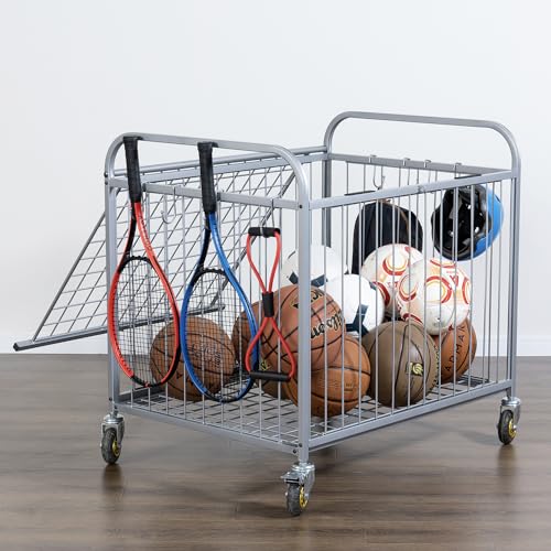 MyGift Large Capacity Metal Rolling Multi Sports Ball Cage Storage Hopper, Gym Equipment Basket Cart with Lockable Latch, Heavy Duty Caster Wheels, and 8 Accessory Hooks - color: Silver