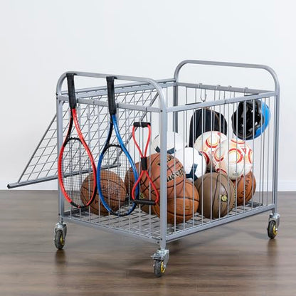 MyGift Large Capacity Metal Rolling Multi Sports Ball Cage Storage Hopper, Gym Equipment Basket Cart with Lockable Latch, Heavy Duty Caster Wheels, and 8 Accessory Hooks - color: Silver