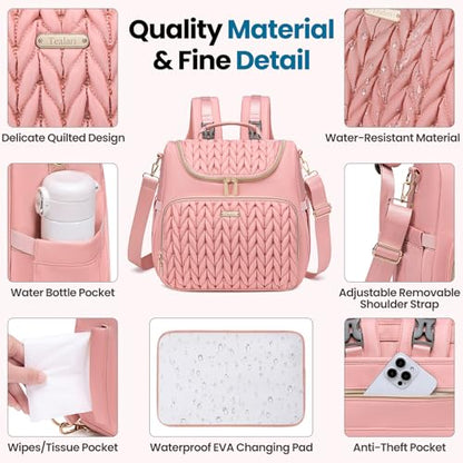 Tealari 4 in 1 Convertible Diaper Bag Backpack,Waterproof Baby Diaper Bag with Changing Pad,Converts into Baby Tote Bag,Diaper Backpack,Stroller Bag and Crossbody Diaper Bag - color: Pink