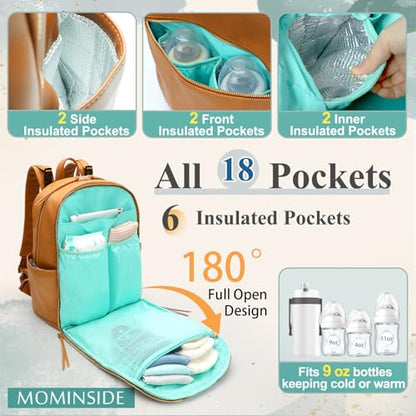 MOMINSIDE Diaper Bag Backpack Leather Diaper Bag with 6 Insulated Pockets, Baby Bag for Mom Dad, Baby Registry, Changing Pad, Stroller Straps,Diaper Backpack Diaper Bag Leather(Biscuit) - color: Biscuit