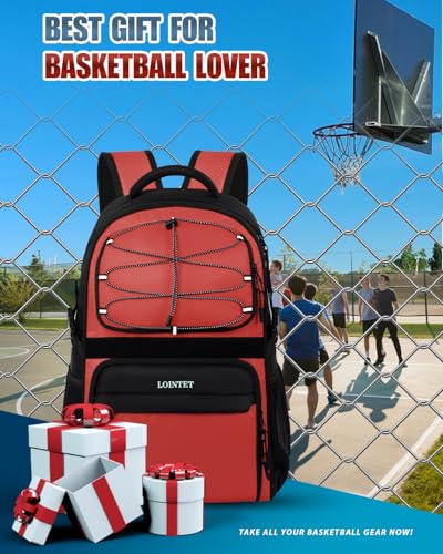 LOINTET Basketball Bag Backpack with Ball Holder Shoes Compartment, Large Basketball Accessories Sports Bag - color: Red