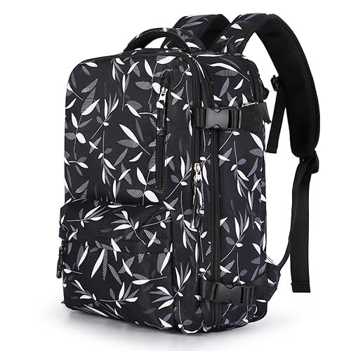 WONHOX Large Travel Backpack Women, Carry On Backpack,Hiking Backpack Waterproof Outdoor Sports Rucksack Casual Daypack Fit 14 Inch Laptop with USB Charging Port Shoes Compartment, Leaves Black - color: A22-leaf Black, size: Large