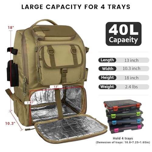 Hp hope Fishing Backpack with Rod Holders & Cooler, 40L Fishing Tackle Bag Fishing Tackle Storage Backpack Fishing Gear for Camping, Khaki - color: Khaki