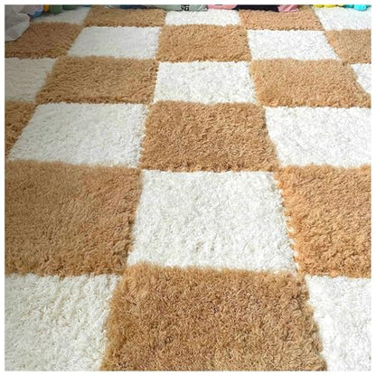 Thickened Plush Foam Interlocking Floor Carpet Mat, 24 Piece 12x12in Fluffy Square Puzzle Foam Carpet Tiles with Edgings, Soft Anti-Slip Shaggy Area Rug Playmat (Apricot+White) - color: Apricot+white