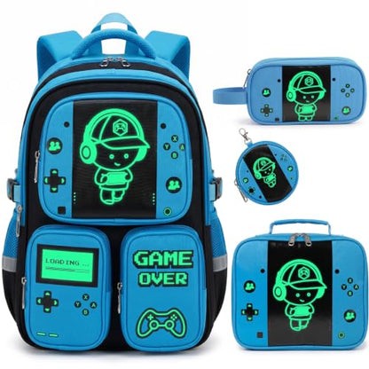Boys Backpack, Luminous Gamer Backpack for Boys with Lunch Box,Pencil Case and Coin Puese,Kids Schoolbag Bookbag for Teen Boy Elementary Middle High School Travel (Black-Blue) - color: Black-blue