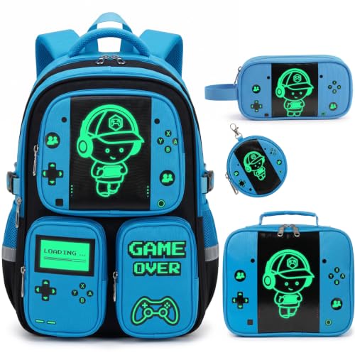 Boys Backpack, Luminous Gamer Backpack for Boys with Lunch Box,Pencil Case and Coin Puese,Kids Schoolbag Bookbag for Teen Boy Elementary Middle High School Travel (Black-Blue) - color: Black-blue