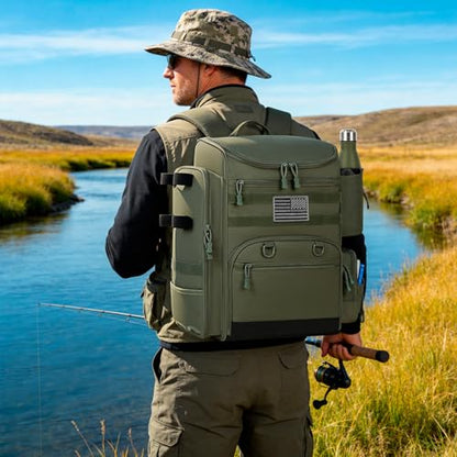 40L Fishing Backpack Water Resistant Fishing Tackle Bag with 2 Rod Holders, Tackle Storage Bag for Anglers(Green Bag Only) - color: Green