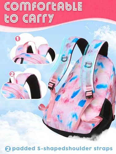 BLUEFAIRY High School Backpack for Girls Boys Middle School Bookbag for Kids Back to School Bag for College with Large Compartment Casual Daypack Mochilas para Niñas Adolescentes 18" Tie Dye Pink - color: Baby Pink