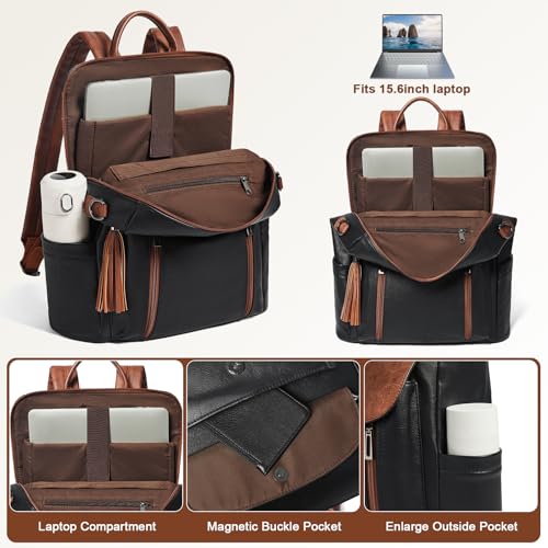 Shrrie Laptop Backpack for Women 15.6 inch,Travel Leather Backpack Purse Nurse Teacher Carry on Backpack Computer Bag,Professional Water-Resistant College Business Work Casual Daypack,Black with Brown - color: Black With Brown