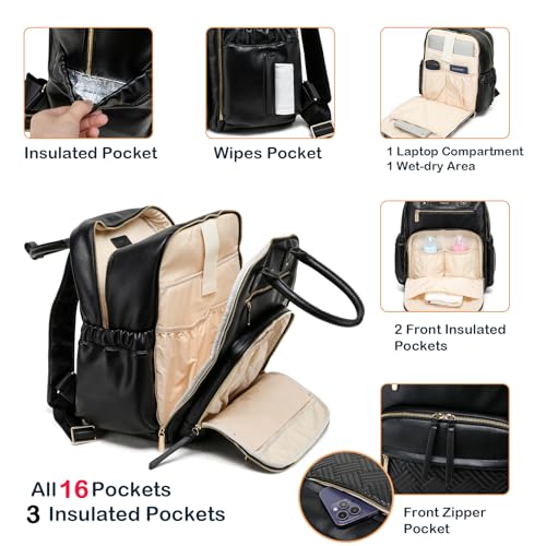 Leather Diaper Bag Backpack for Women with Multiple Pockets,Laptop Compartment and Changing Pad. - color: Black