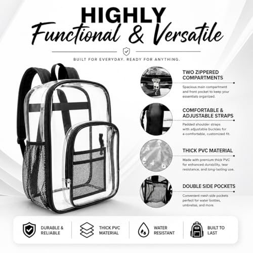Winterlace Clear Backpack Stadium Approved Heavy Duty PVC Waterproof Transparent Backpack Travel, Concerts, Festivals, Work (Purple) - color: Purple