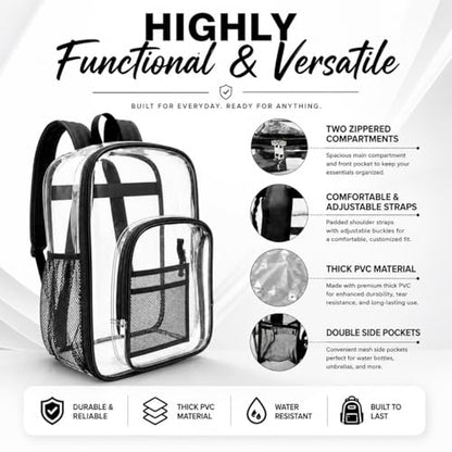Winterlace Clear Backpack Stadium Approved Heavy Duty PVC Waterproof Transparent Backpack Travel, Concerts, Festivals, Work (Black) - color: Black