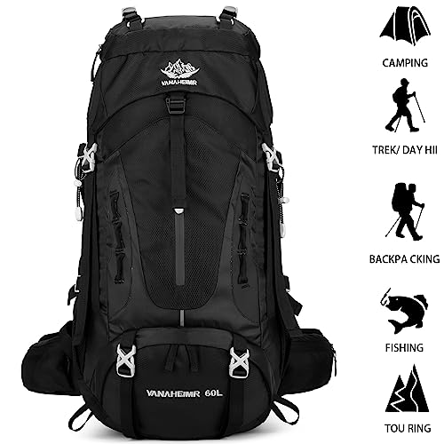 Esup 50L Hiking Backpack Men Camping Backpack with rain cover 45l+5l Lightweight Backpacking Backpack Travel Backpack - color: Deep Black