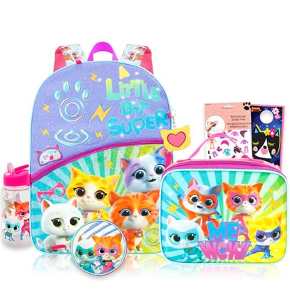 Super Kitties Backpack with Lunch Box for Girls + Accessories Bundle | 16" Large SuperKitties Bookbag, Insulated Lunch Bag Plus Water Bottle, Coin Pouch, More - Super Kitties School Supplies
