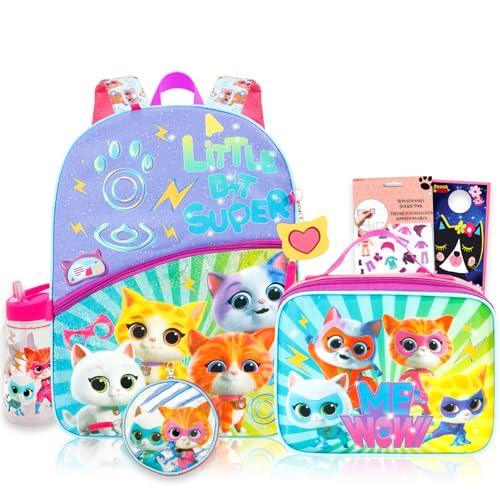 Super Kitties Backpack with Lunch Box for Girls + Accessories Bundle | 16" Large SuperKitties Bookbag, Insulated Lunch Bag Plus Water Bottle, Coin Pouch, More - Super Kitties School Supplies