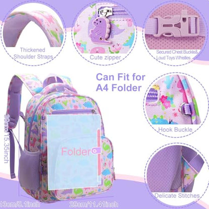 RHCPFOVR Kids Backpack for Girls - Girls Backpack 3-8 Ages Dinosaur for Kids 15 Inch School Bookbag for Kindergarten Elementary School Bookbag for Girl 1st 2nd Grade - style: Purple Dinosaur