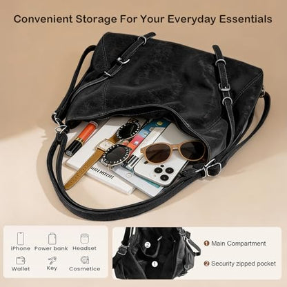 3-Way Convertible Hobo Bag for Women, Soft Shoulder Backpack, Casual Daily Tote Purse with Adjustable Strap - color: Black
