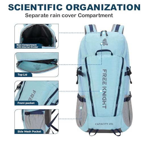 Bseash 45L Waterproof Hiking Camping Backpack with Rain Cover, Outdoor Sport Travel Bag Daypack for Climbing Skiing Cycling (Blue) - color: Blue