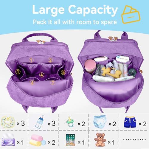 LANDICI Diaper Bag Backpack, Multifunction Baby Diaper Bags with Changing Pad, Stroller Straps & Pacifier Case, Travel Essentials Back Pack for Mom Dad Boy Girl, Large Capacity, Waterproof, Lavender - color: Lavender