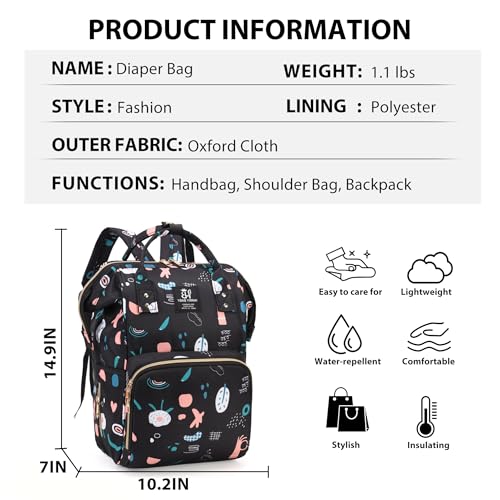 Diaper Bag Backpack for Moms Baby Essentials Travel Tote Nappy Changing Bag with Insulated Pockets,Multi-Waterproof Backpack (Black) - color: Black