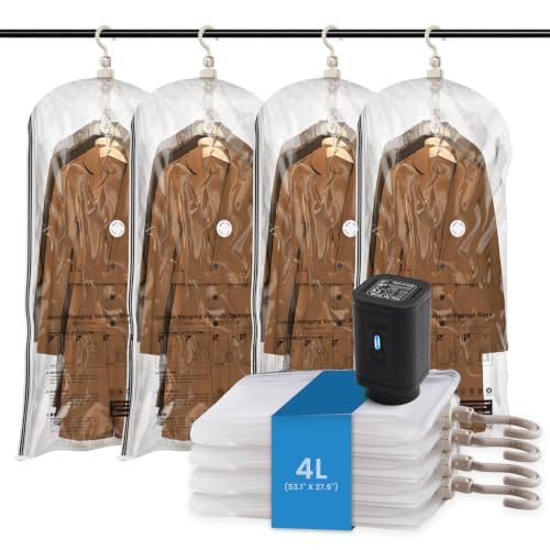 TAILI Hanging Vacuum Storage Bags with Electric Air Pump, Vacuum Seal Bags for Clothing Travel, Space Saving Hangers for Clothes, Coats, Suits and Jackets,Set of 4 (4 Long) - color: Sheer, size: 4 Large