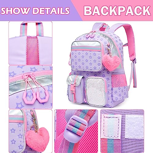 Meetbelify Aesthetic Backpack for Girls - School Backpack with Lunch Box for Elementary to Teen Girls, Cute School Bag, Purple - color: Star Purple 3pcs