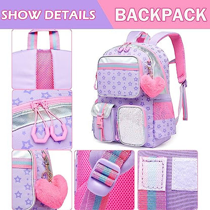 Meetbelify Aesthetic Backpack for Girls - School Backpack with Lunch Box for Elementary to Teen Girls, Cute School Bag, Purple - color: Star Purple 3pcs