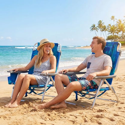 COSTWAY Portable Folding Backpack Beach Chairs Set of 2 with 5-Position Backrest, Padded Headrest, Cup Holder & Ice Bag for Lawn, Poolside (Coconut Blue) - color: Coconut Blue