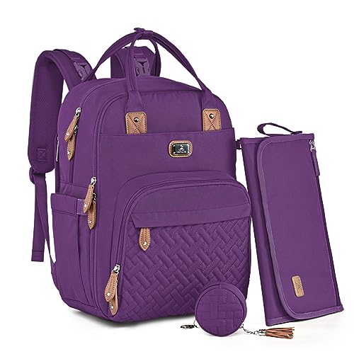 Dikaslon Diaper Bag Backpack with Portable Changing Pad, Pacifier Case and Stroller Straps, Large Unisex Baby Bags for Boys Girls, Multipurpose Travel Back Pack Moms Dads, Purple - color: Purple