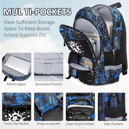 School Backpack for Boys - 4pcs Gamer Boys Backpack with Lunch Box Set for Kids Teens Elementary Middle High School,18″ Large Capacity Students Bookbag with Usb Charging Port & Key-chain - color: Soccer-set