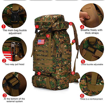 70l Hiking Backpack for Men Waterproof Military Camping Rucksack Travel Daypack - color: Junglecamouflage