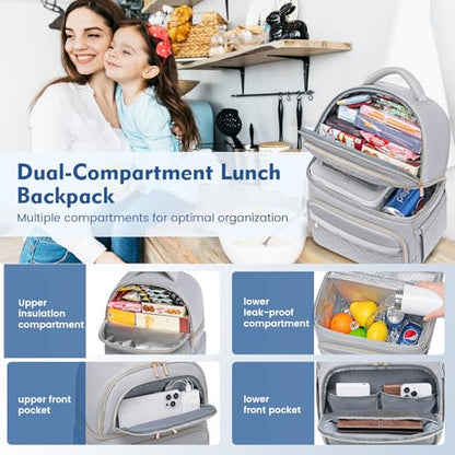 Backpack Cooler Lunch Backpack Double Decker Lunch Box,Insulated Backpack Lunch Cooler Bag, Lightweight Leakproof Lunchbox Backpack for Women Men to Travel,Picnic,Hiking,Beach,Camping - color: Gray