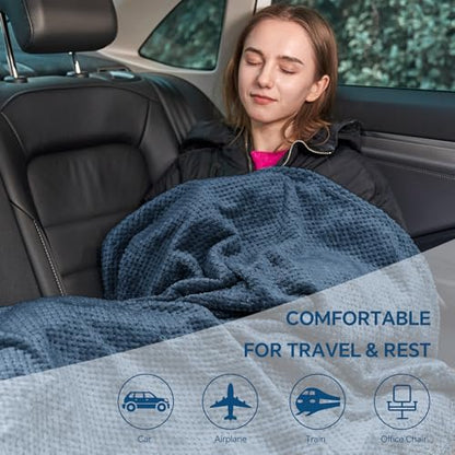 BEDELITE Travel Blanket with Bag, Ultra-Soft Jacquard Fleece Blanket with Luggage Sleeve & Backpack Clip, Airplane Blanket Travel Essentials, Navy - color: Navy