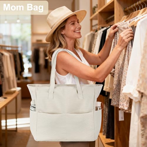 LEDAOU Beach Bag Waterproof Sandproof Women Beach Tote Pool Bag with Zipper for Swim Gym Grocery Travel with Wet Pocket | Sandproof - color: Light Khaki White Stripes