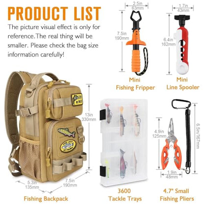 Dovesun Small Fishing Backpack Fishing Sling Bag with 3600 Tackle Box Small Tackle Backpack with Tool Set Khaki - color: B: Fishing Tackle Backpack With Tool Set(khaki）