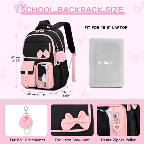 Girls Backpack, School Backpack for Girls, Cute Bow Kids Bookbag for Grils Children Teens for Elementary Middle High School Student, Back To School, Black Pink - color: Black Pink