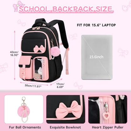 Girls Backpack, School Backpack for Girls, Cute Bow Kids Bookbag for Grils Children Teens for Elementary Middle High School Student, Back To School, Black Pink - color: Black Pink