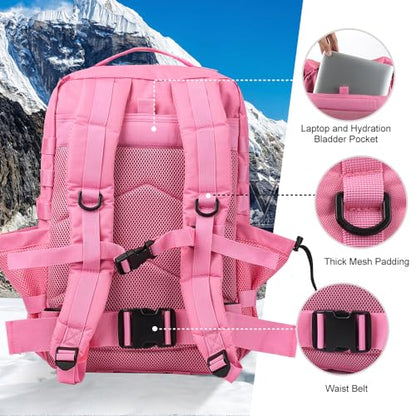 Hannibal Tactical 45L MOLLE Assault Backpack, Tactical Backpack Military Army Camping Rucksack with Bottle Holder, 3-Day Pack Trip w/USA Flag Patch, D-Rings, Pink - color: Pink, size: 45L