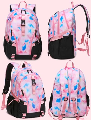 BLUEFAIRY High School Backpack for Girls Boys Middle School Bookbag for Kids Back to School Bag for College with Large Compartment Casual Daypack Mochilas para Niñas Adolescentes 18" Tie Dye Pink - color: Baby Pink