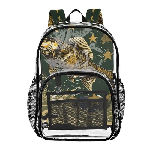 Big Fish Stars Camo Clear Backpack PVC Transparent Backpack Lightweight Book Bag Capacity Clear Bag for Kids Boys Girls - color: Forest Night Green